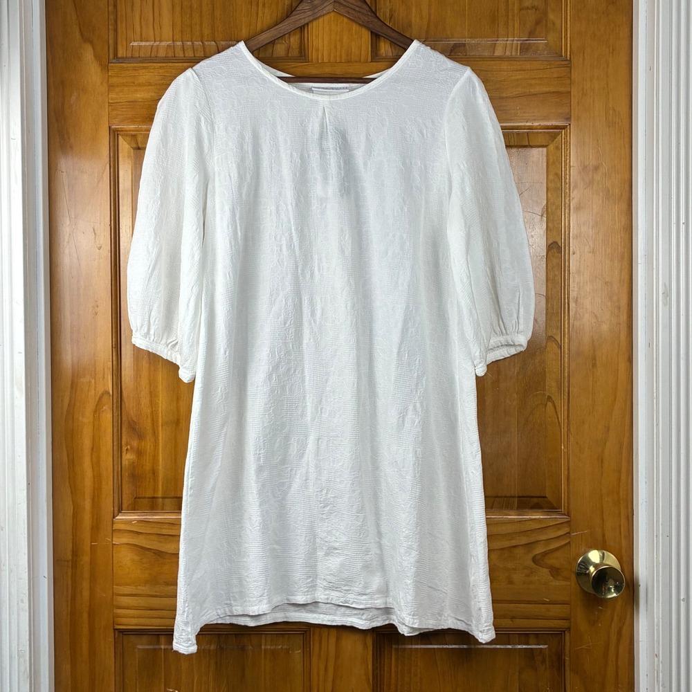 Bryn Walker XS White Cotton Floral Jacquard Puff Sleeve Lagenlook Tunic Dress